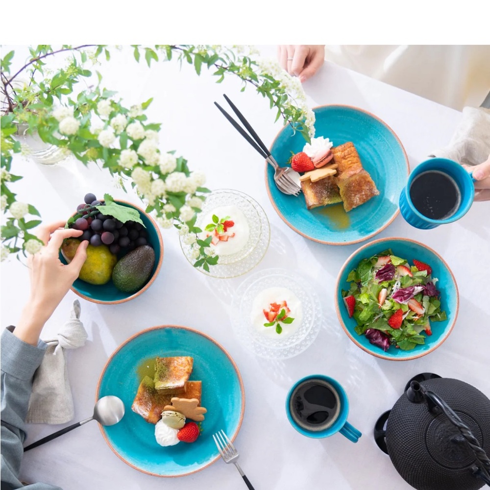 Japanese pottery - Turquoise Glazed Ceramic Dinnerware Set - 5 bowls + 6 plates